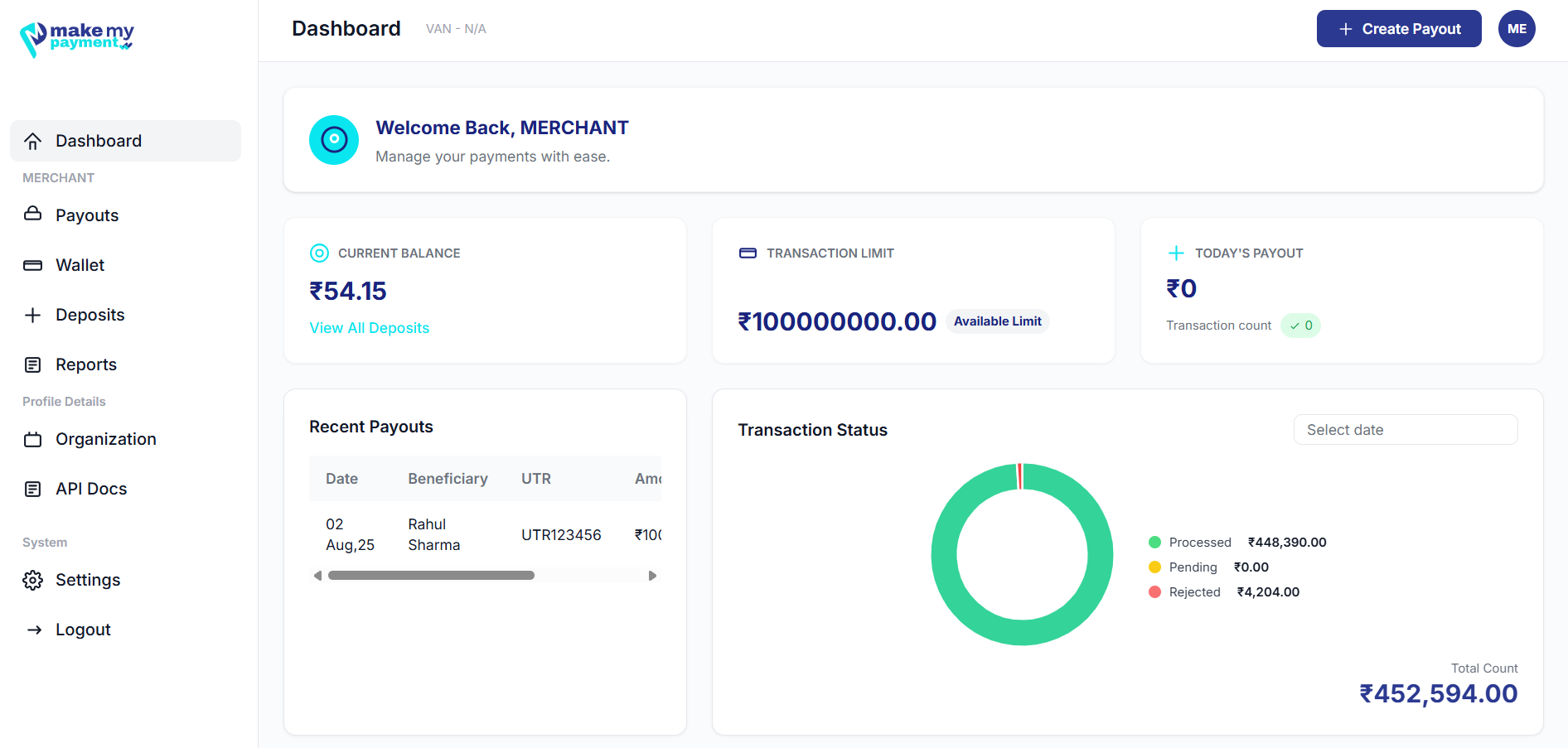 MakeMyPayment Merchant Dashboard Preview